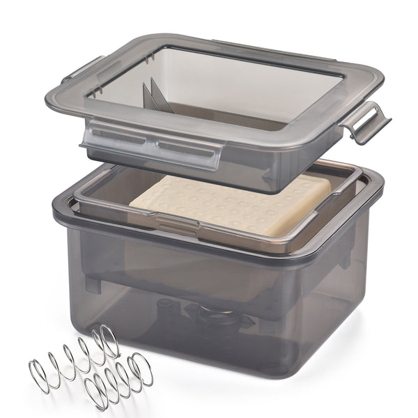 Drain and Dry Extra Firm Tofu or Firm Tofu Mess-Free, Tofu Press with Drip Tray, Remove Water from Tofu, Tofu Press strainer, Easy to Clean, with 3 Tofu Recipes & 2 Springs(Different Strength)